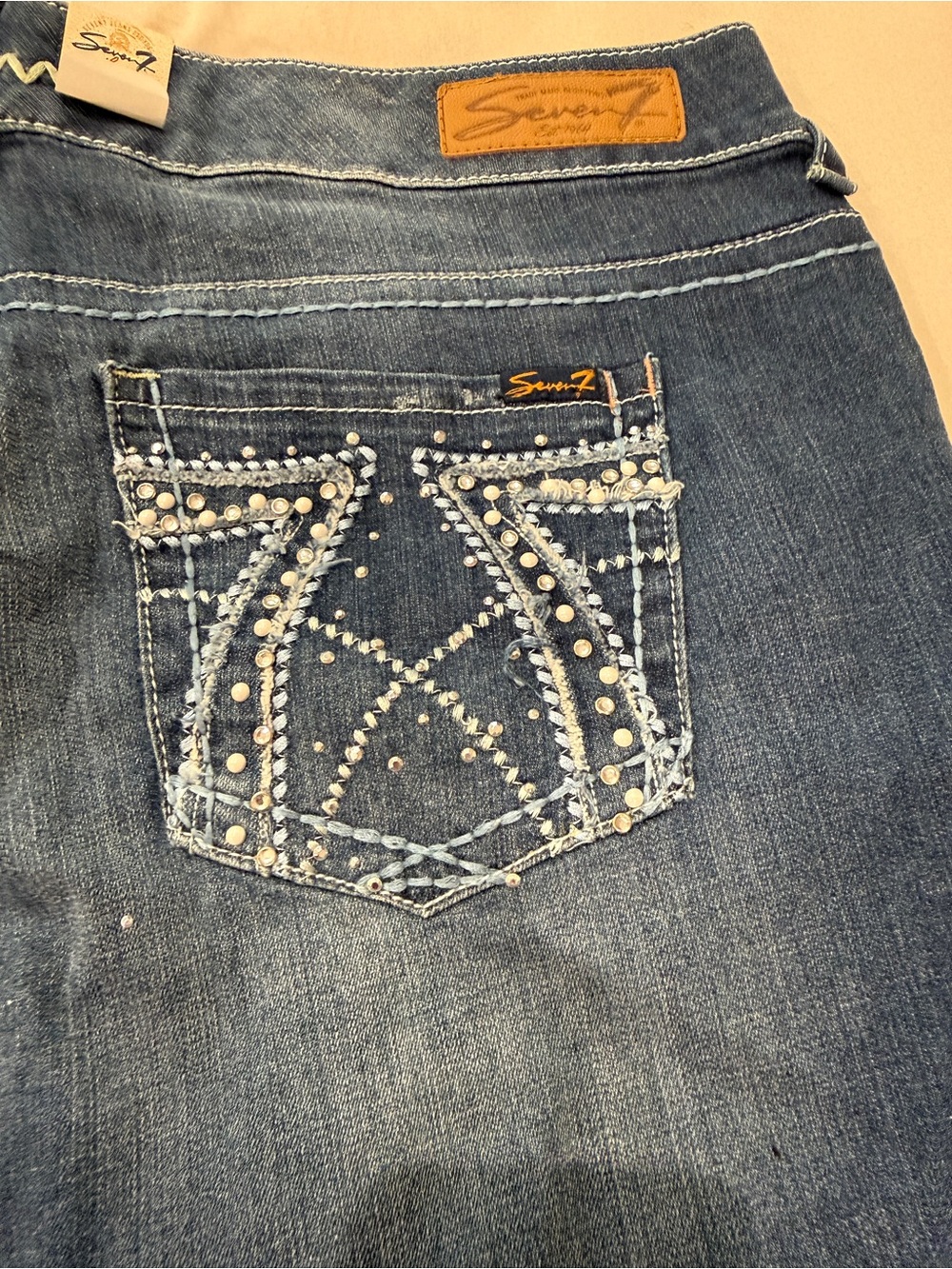 Seven7 Women's Blue Denim Bootcut Jeans with Rhinestone Pocket